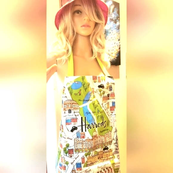 HARRODS Vtg London UK Map Dept Store Oil Cloth Easy Wipe Souvenir Tie Chef Apron - Picture 4 of 16